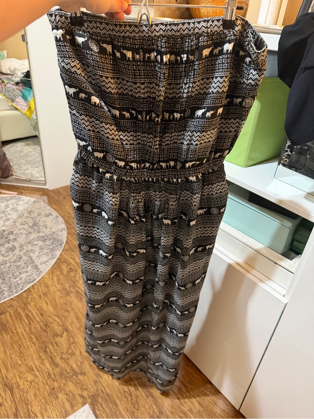 Strapless Black and White Elephant Print Maxi Dress